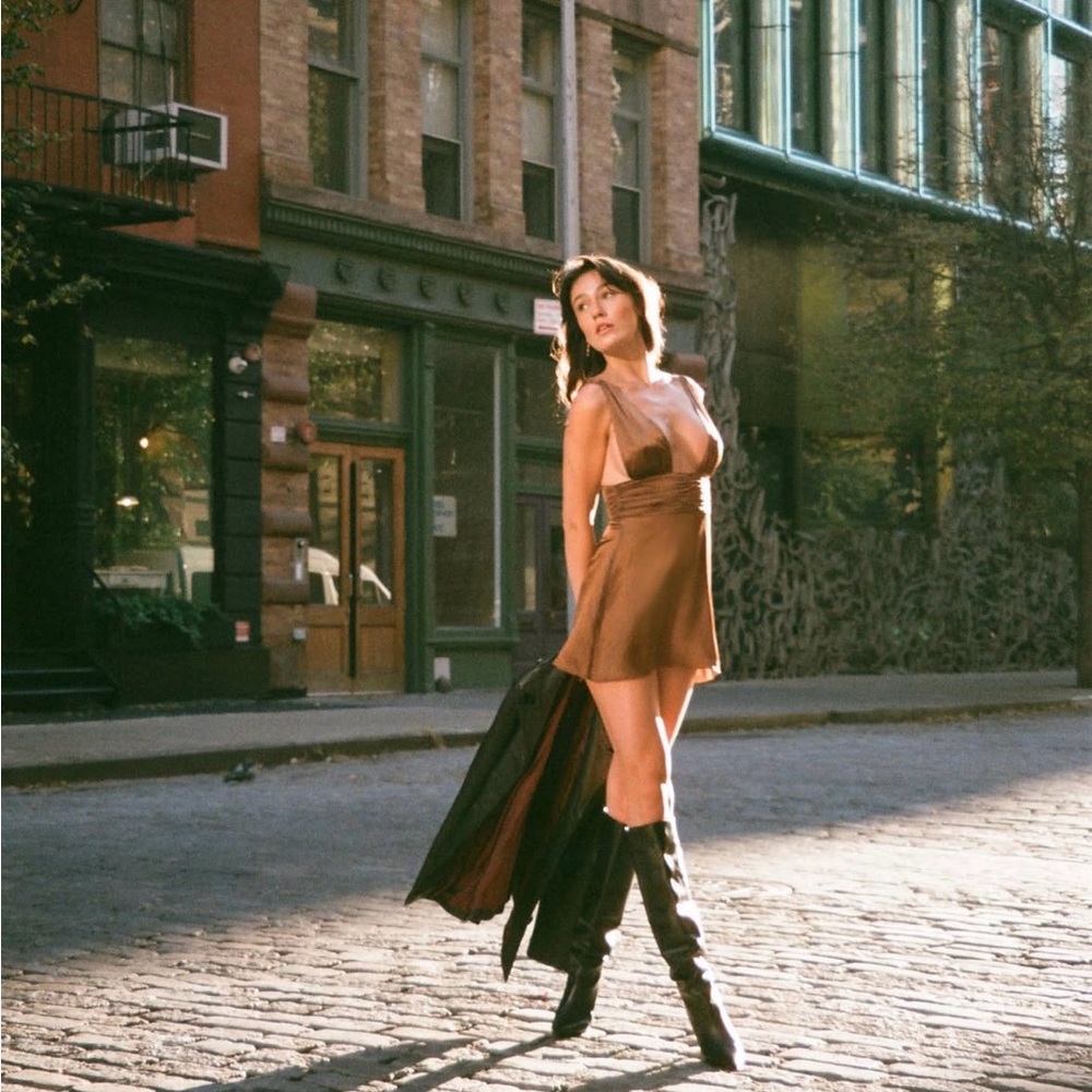 Two Bodies NYC Abby dress in Mocha, 100% silk
